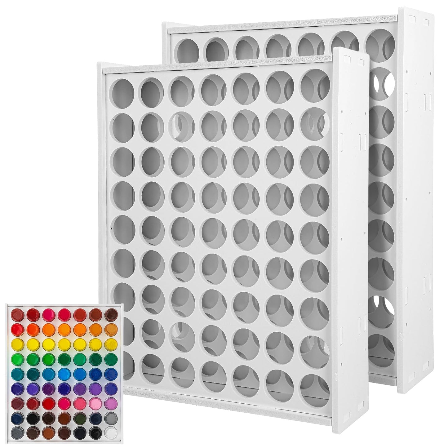 2 Pcs 63 Holes Paint Organizer, Wall-Mounted and Stackable Vertical Craft Paint Storage Holder for 2oz Craft Paints, White