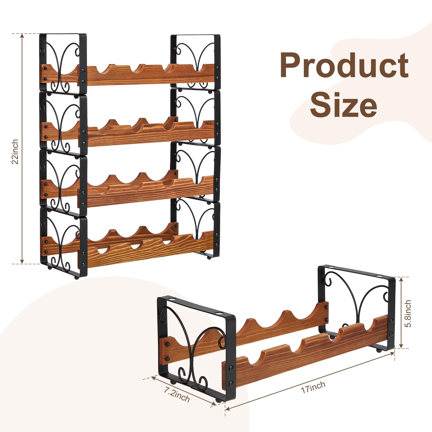 X-cosrack Wine Rack Freestanding Floor with Patent Design, Wooden & Metal Wine Bottle Holder, 4 Tier 16 Bottles Stackable Wine Storage Racks for Kitchen Counter or Bar, Wine Display Shelf