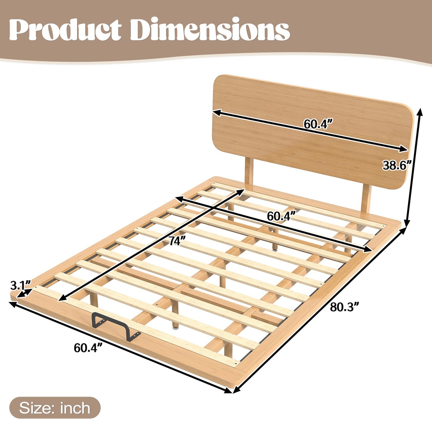 Bellemave Queen Size Bamboo Bed Frame with Headboard,Bamboo Floating Platform Bed Frame Queen Size with Charging Station and Wood Slats,Easy Assembly,Natural