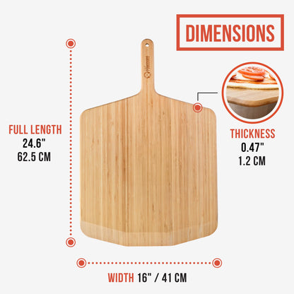 Chef Pomodoro Wooden Pizza Peel 16 Inch, Durable Bamboo Baking Tool, Slider Paddle, Wood Cutting Board, Baking Spatula for Preparing, Launching and Serving Pizza, Bread, Cheese Boards and More