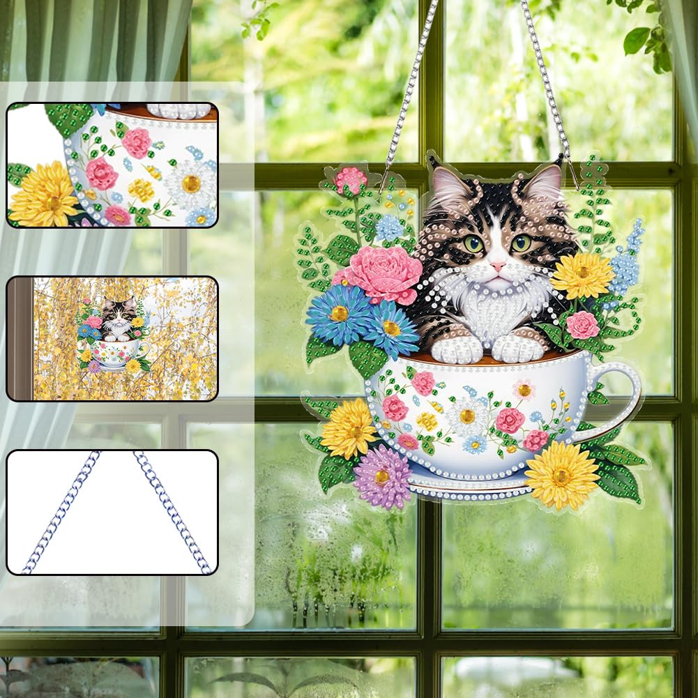 POETRYDRAW DIY Hanging Diamond Art Pendant Kit Flower Cup Cat, Special Crystal Acrylic Diamonds Painting Ornament for Adults, 5D Diamond Art Suncatchers Gem Painting Box Kit