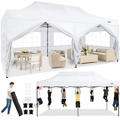 COBIZI 10x20 Heavy Duty Pop Up Canopy Tent with 6 Sidewalls Thicken Frame, Commercial Easy Up Outdoor Wedding Party Tents, All Season Waterproof Windproof with Stakes Sandbags Ropes Roller Bag, White