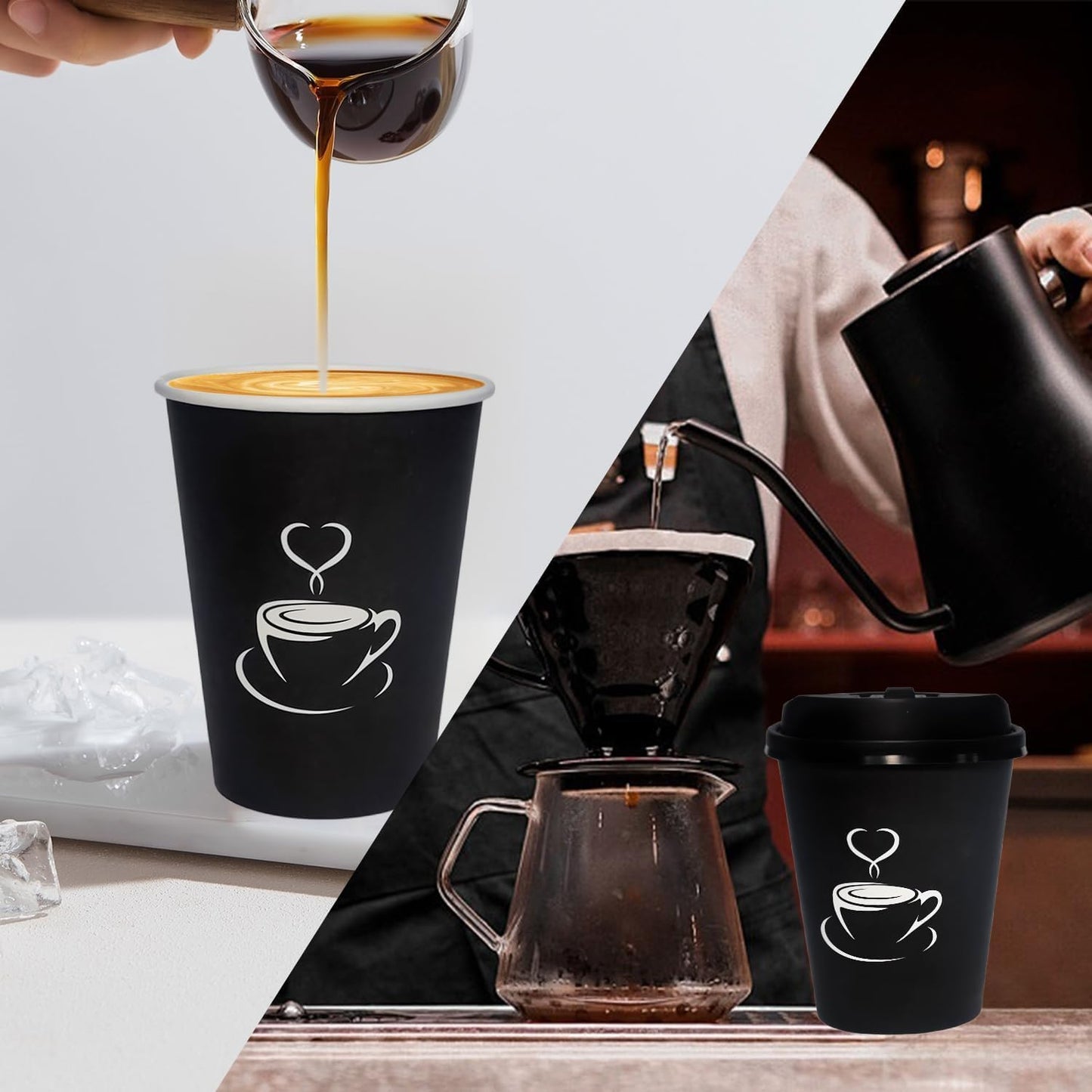 TreeMVI-50 Pack 12oz Coffee Cups with Lids: Disposable Black Coffee Cup Sturdy to Go Leak-Proof Paper Containers Set for Hot and Cold Beverage, Home, Office, Party