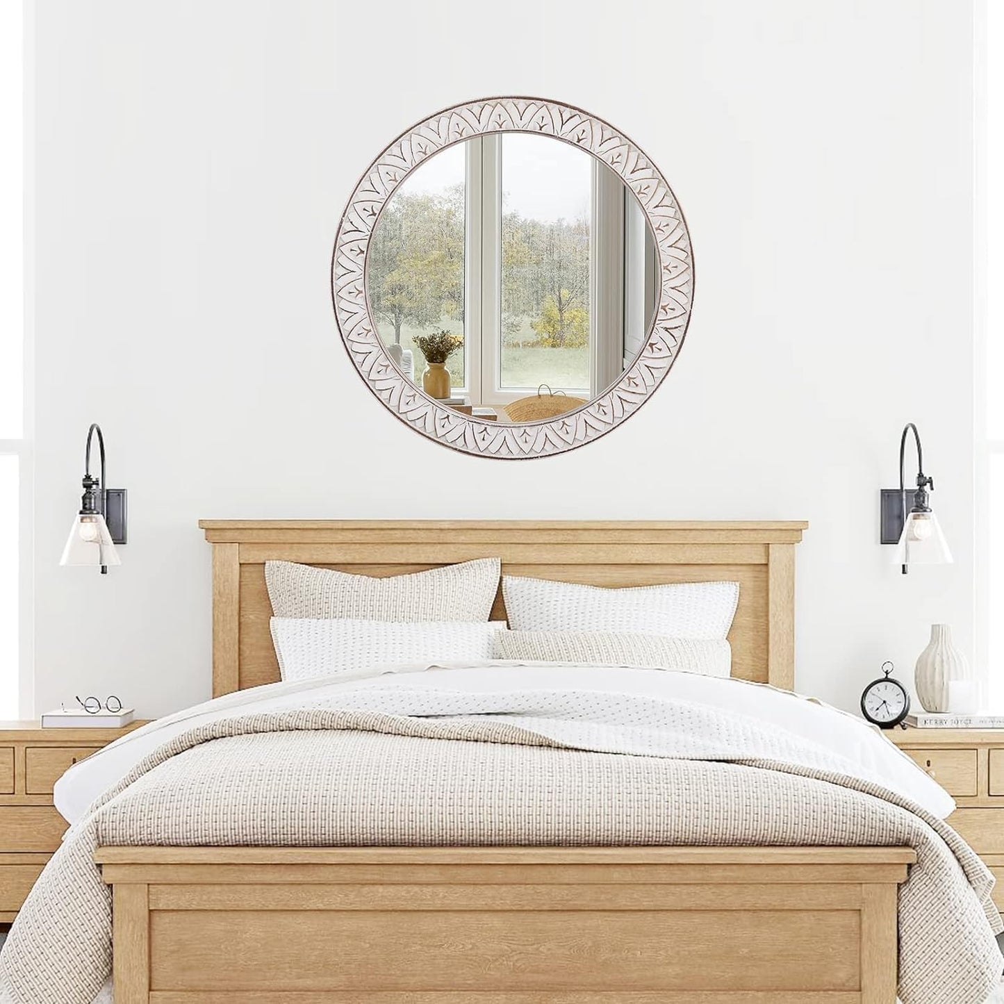 Fuxuiwy Rustic Round Wood 36 Inch Farmhouse Mirror, Wall Mount, Framed, White, Flower White, Modern & Rustic Style, Decorative Wall Mirror for Living Room, Bedroom, Entryway, Bathroom