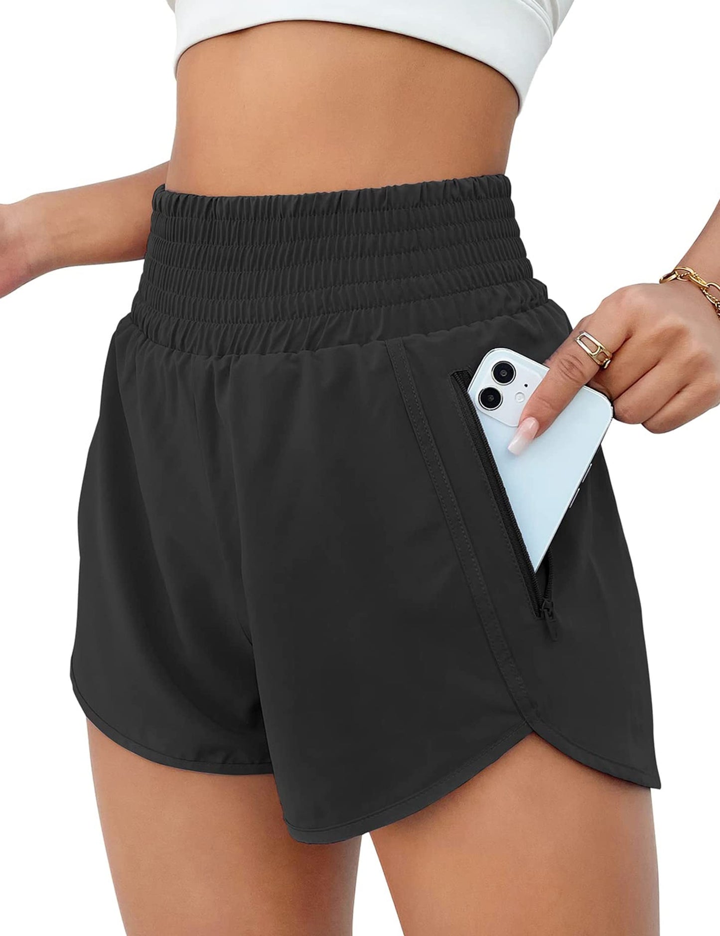 BMJL Women's Athletic Shorts High Waisted Running Short Pocket 2.5" Sporty Shorts Gym Elastic Workout Shorts(L,Black)