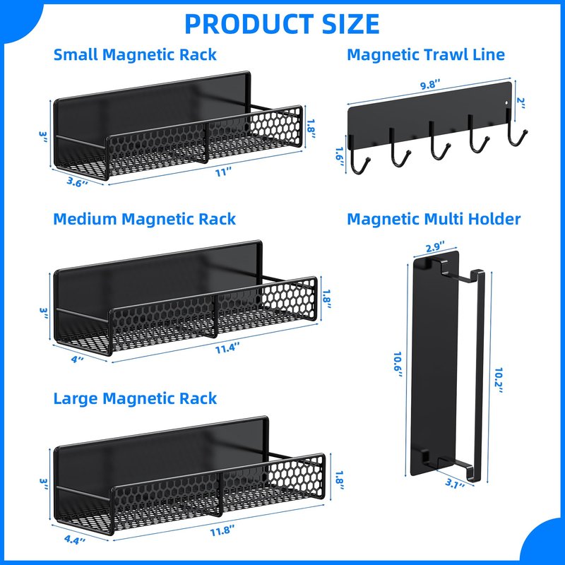 JulktLli 5 Pack Multifunctional Magnetic Shelves for Washing Machine & Refrigerator - Heavy Duty Laundry Room Organization System with Tool Hooks, Metal Storage Baskets (Black)