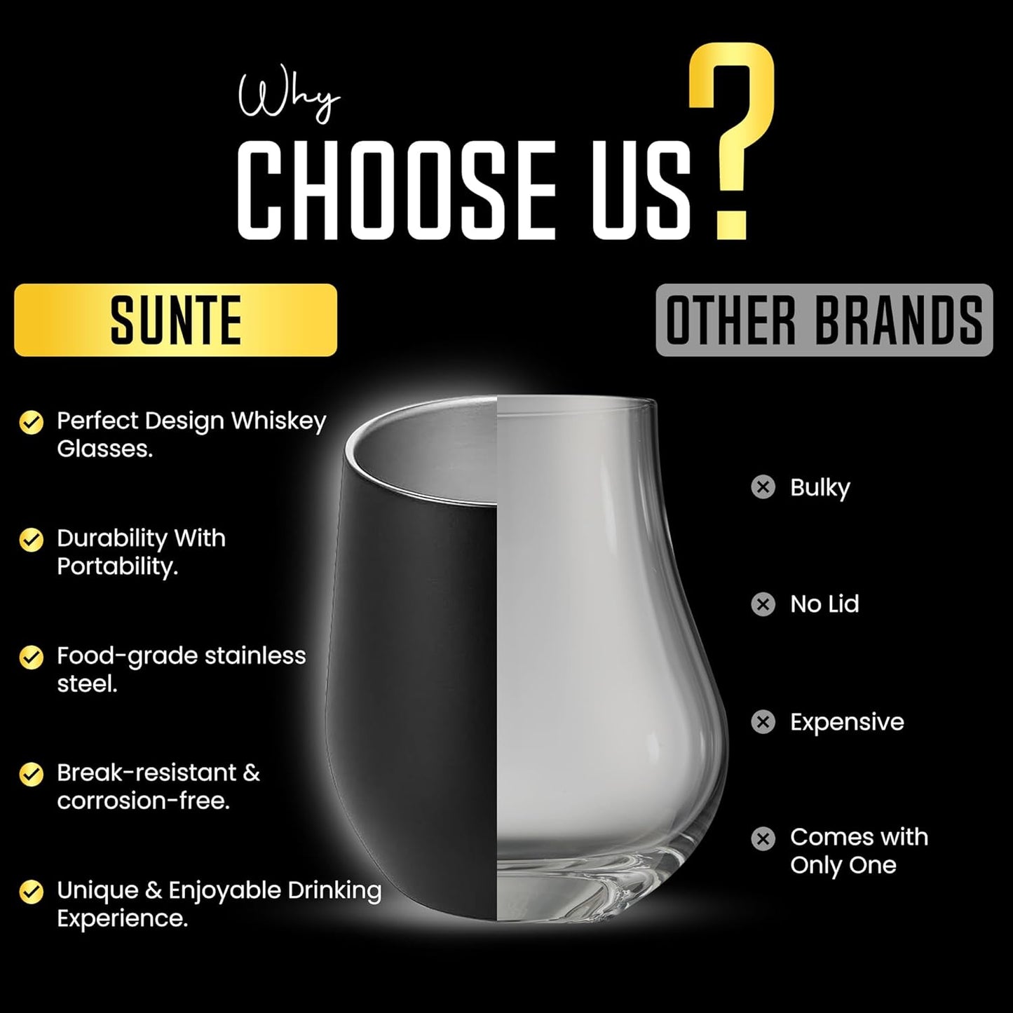 Double-Wall Insulated Whiskey Glass, 12 oz Stemless Nosing Stainless Steel Whisky Glass, Pack of 2