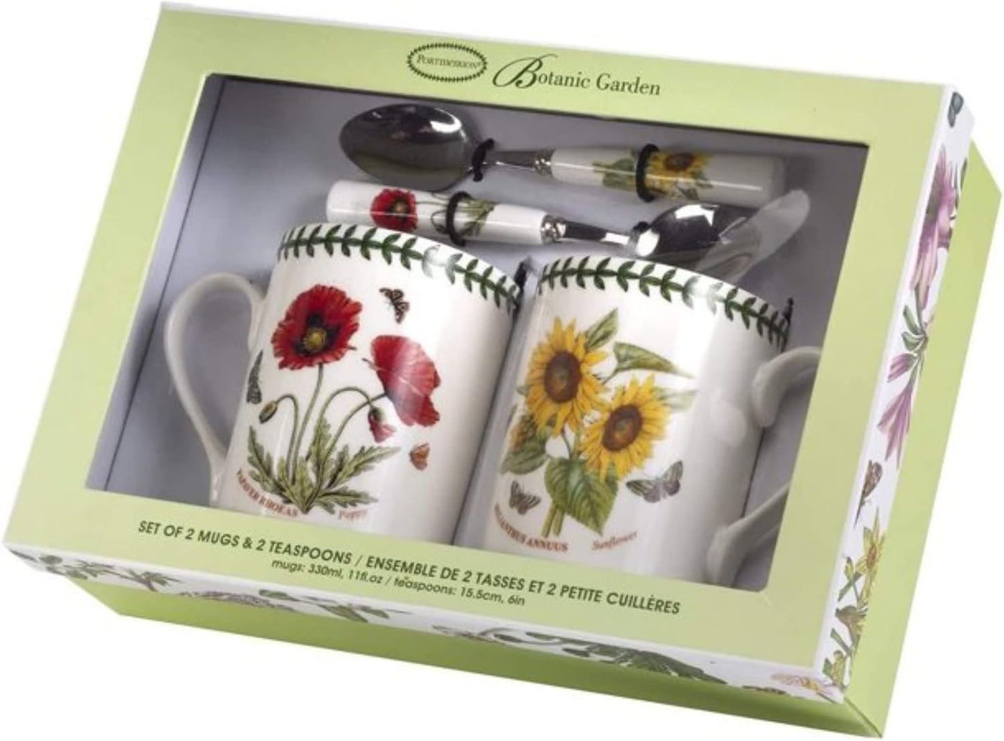 Portmeirion Botanic Garden Mug & Teaspoon Set - Ceramic Mugs & Stainless Steel Spoons - Poppy & Sunflower Motifs