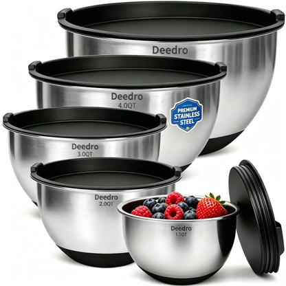 Deedro Premium Mixing Bowls with Airtight Lids Set, 22Pcs Thicker Stainless Steel Mixing Bowl Set, Large Prep Metal Bowls, Non-Slip Silicone Base Nesting Bowls for Kitchen, 1.5/2/3/4/5 QT, Black