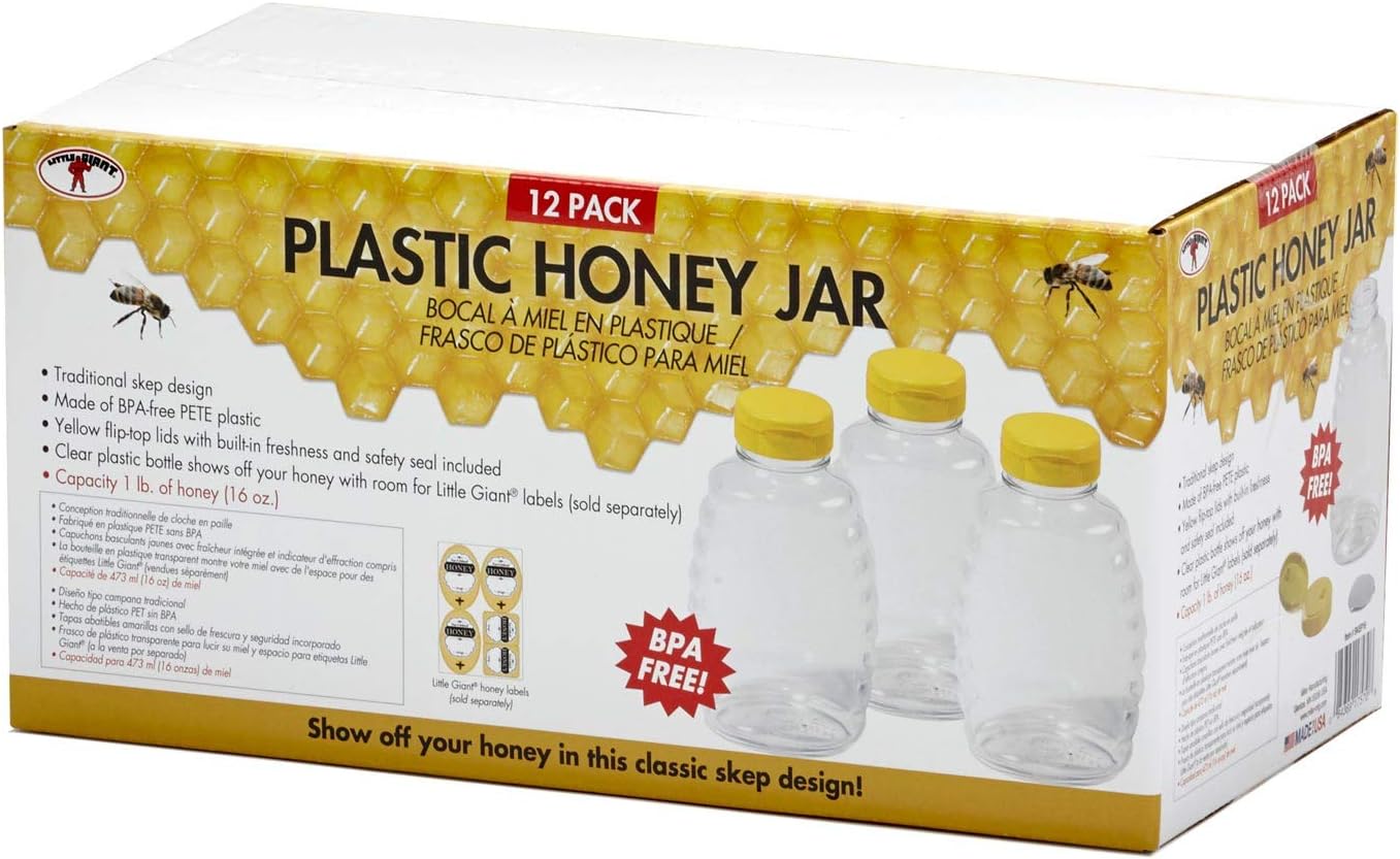 12 Pack 16 Little Giant Plastic Honey Jar | Skep-Style Jar | Honey Squeeze Bottle with Flip-top Lid | Plastic Honey