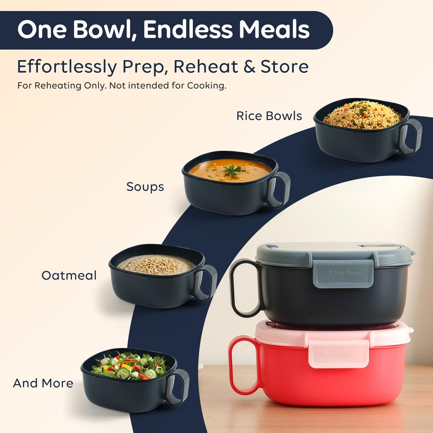 AI LOVE PEACE Microwavable Ramen Bowl Cooker with Lid - Leakproof Noodle Container with Built-In Utensils, BPA-Free, Dishwasher & Freezer Safe [Navy]