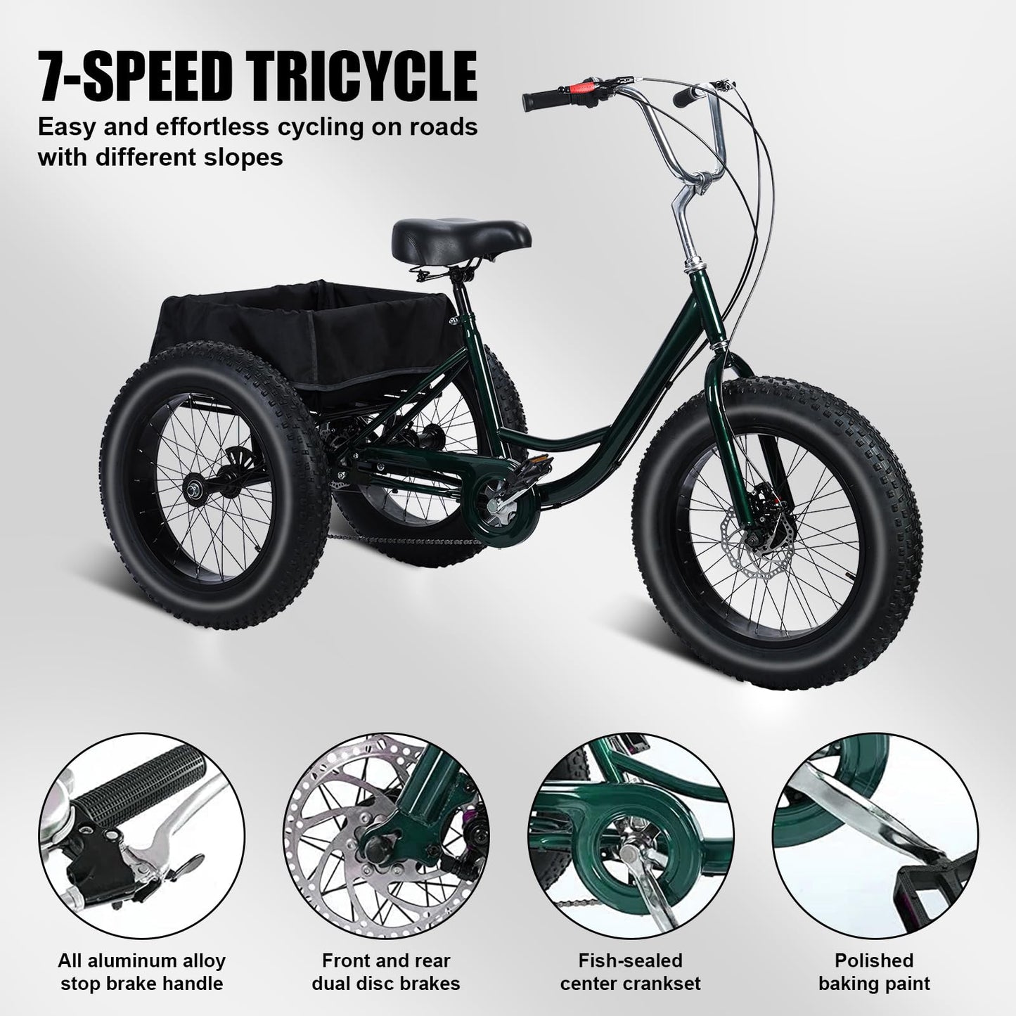 Snabcibs Adult Tricycle with 7-Speed Gear & 20" Fat Tires - Heavy Duty 450lbs Capacity 3 Wheel Bike for Adults/Seniors, Front/Rear Disc Brakes with Spacious Shopping Basket (Black)