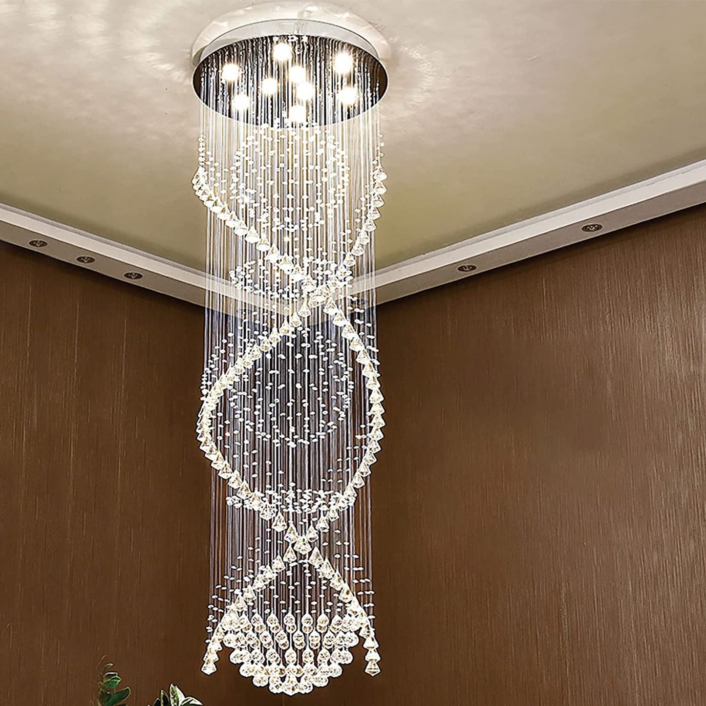7PM Chandelier for Staircase, Crystal Foyer Chandelier High Ceiling, Modern Raindrop Chandeliers Flush Mount Ceiling Light Fixture for Spiral Staircase, Foyer, Entryway, High Ceiling W25.6 X H 98.4"