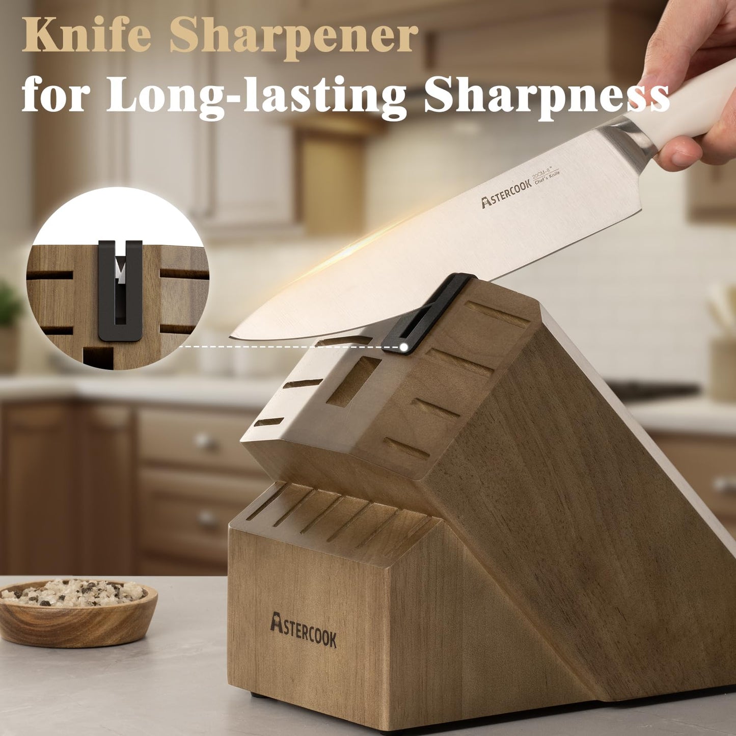 Astercook Knife Set Kitchen with Block and Sharpener Premium Full Tang 17 Pcs German Stainless Steel Knives Dishwasher Safe Kitchen Utensils Set with with and Anti-slip Ergonomic Handle, Cream White