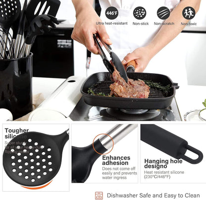 17-Piece Kitchen Utensils Set, Silicone Cooking Tools with Stainless Steel Handles, Heat Resistant Non-Stick Kitchen Set with Measuring Cups & Gadgets | SV Deals