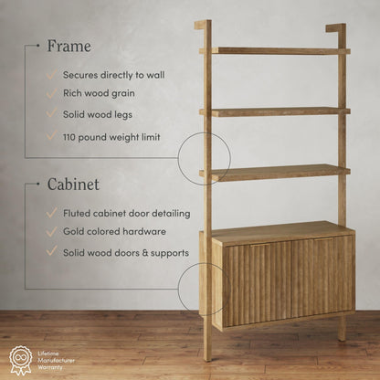 Nathan James Jasper 3-Shelf Solid Wood Boho Bookshelf, Wall Mounted Bookshelf with Cabinet with Fluted Doors, Light Brown
