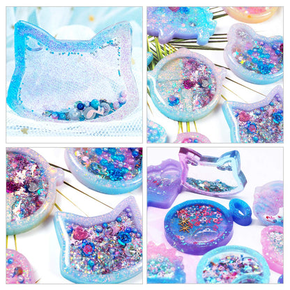 FineInno 11Pcs Quicksand Resin Casting Molds,Resin Art Shaker Mold, Crystal Silicone Hollow Mould Epoxy Pendant Mold Heart, Star, Moon,Bottle,Cat Head