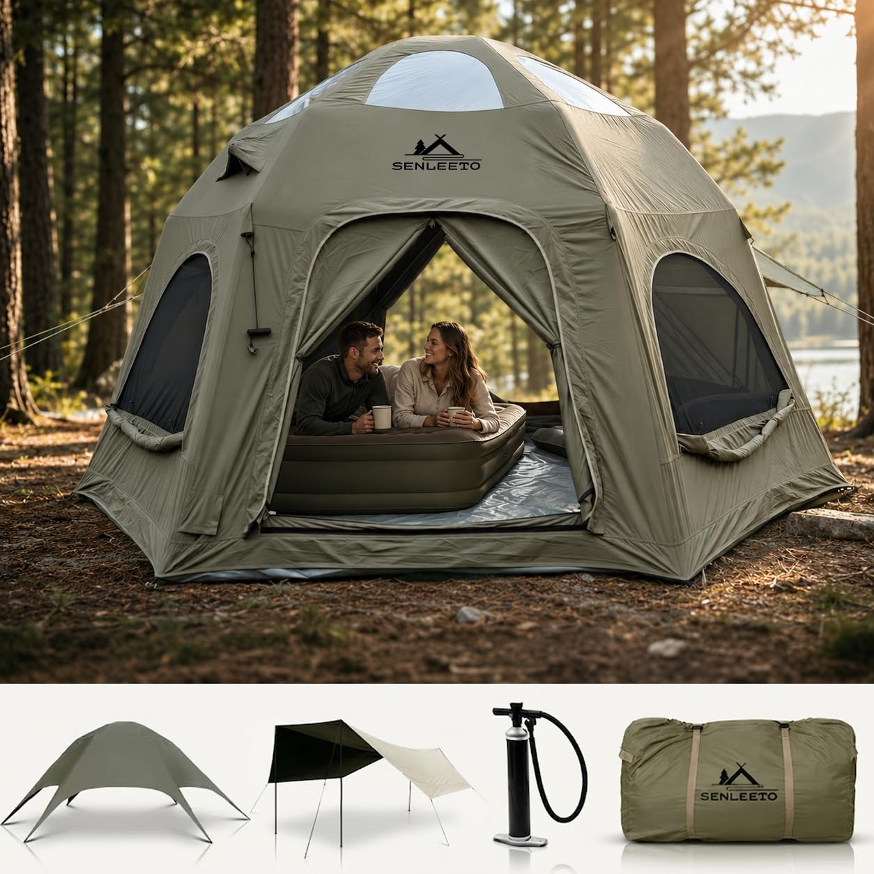 SENLEETO Inflatable Tents for Camping 6-8 People,174.81 Square Feets Igloo Tent, Inflatable Hot Tent with Stove Jack 4 Season Blow up Tents Waterproof Glamping