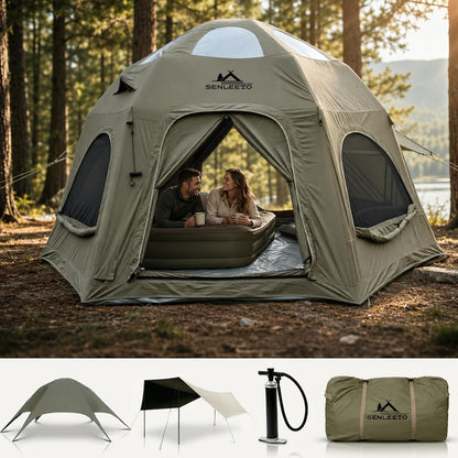 SENLEETO Inflatable Tents for Camping 6-8 People,174.81 Square Feets Igloo Tent, Inflatable Hot Tent with Stove Jack 4 Season Blow up Tents Waterproof Glamping