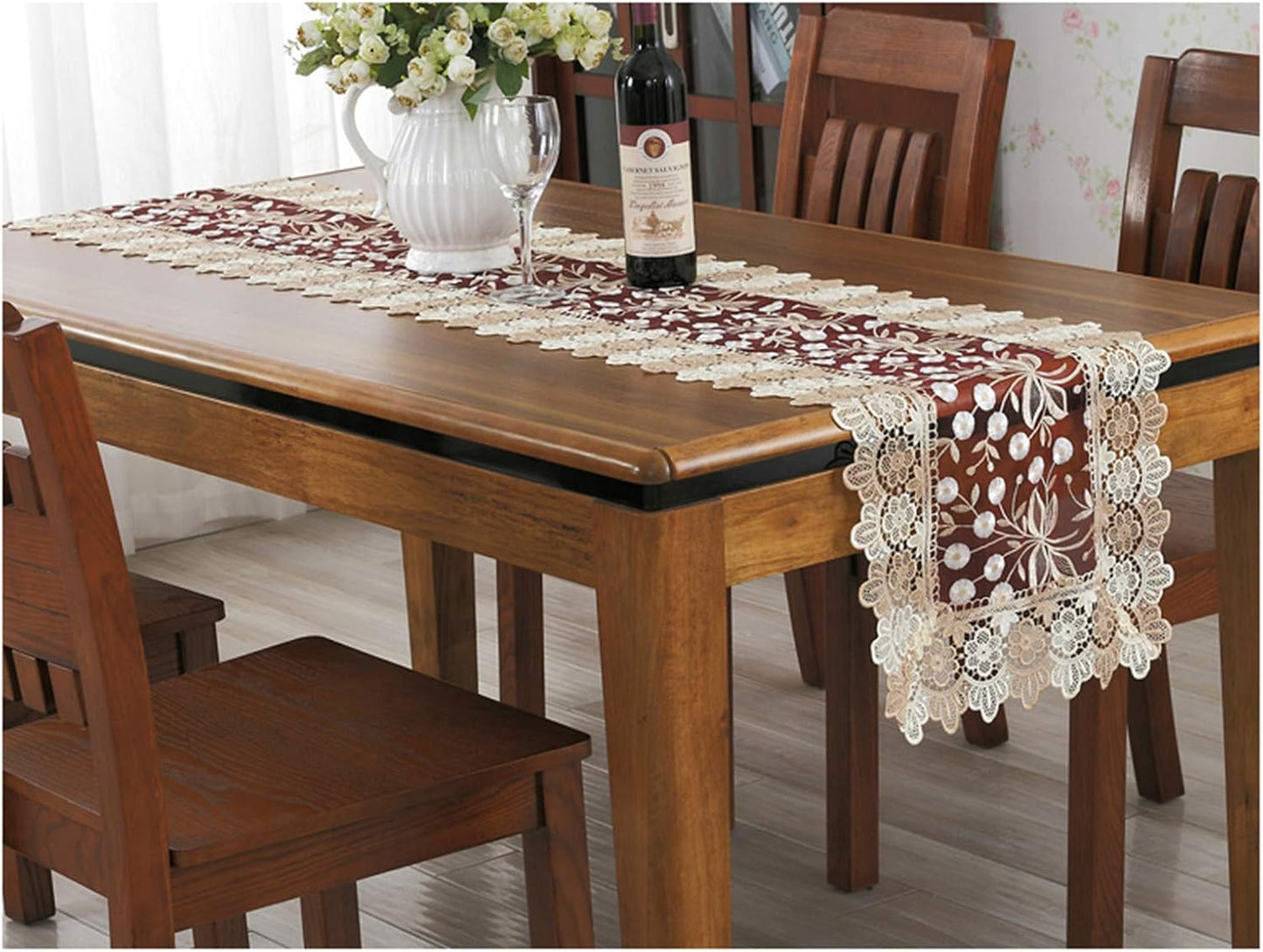 Lace Floral Embroidery Table Runner - Polyester Rectangle Transparent Dresser Scarf for Home Dining Room, 16 x 78