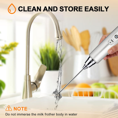 YUSWKO Rechargeable Milk Frother Handheld with 3 Heads, Silver Coffee Electric Whisk Drink Foam Mixer, Mini Hand Stirrer with 3 Speeds Adjustable for Latte, Cappuccino, Hot Chocolate, Egg