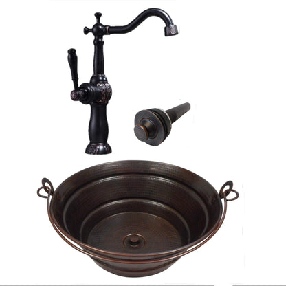 Simply Copper 15" Round Vintage Look Copper Bucket Vessel Sink with LT Drain and 13" ORB Claymore Vessel Filler Faucet