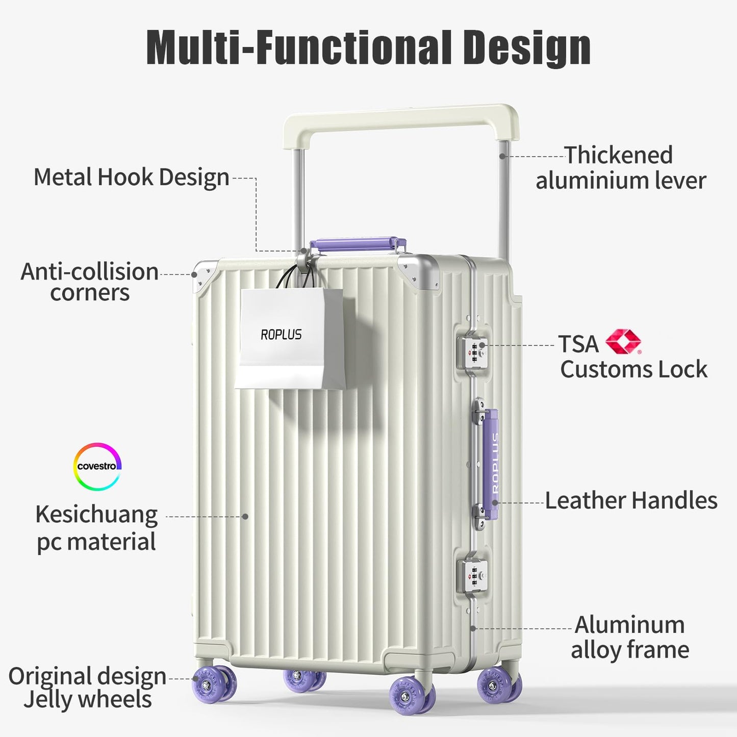 ROPLUS Aluminium Frame Checked-Luggage with Smooth Jelly Wheels, Hardside Zipperless Rolling Suitcase with TSA Lock (WhitePurple, 28-Inch)