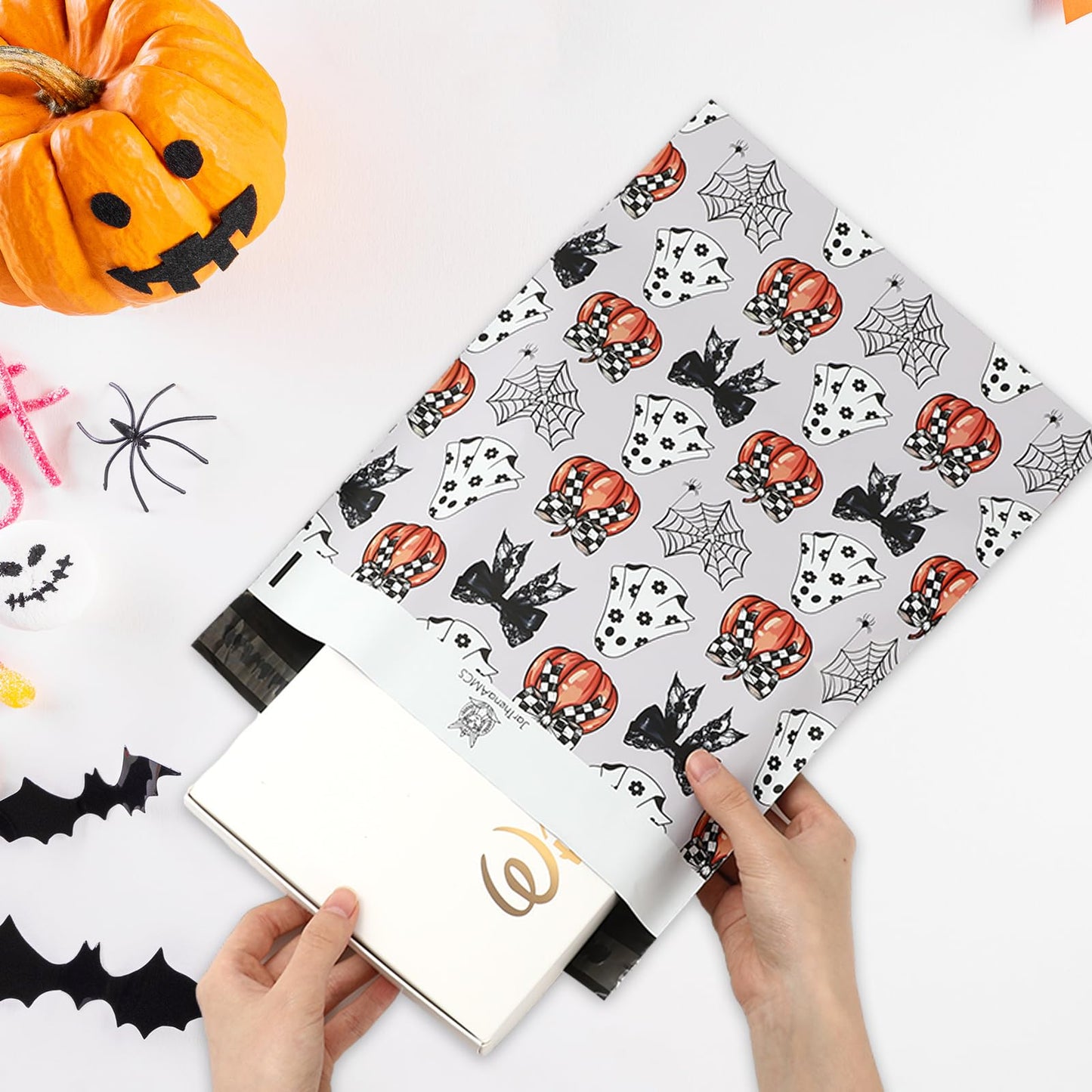 JarThenaAMCS 100Pcs Halloween Poly Mailers 10 x 13 Inch Ghost Pumpkin Bow Packaging Bags Self Seal Mailing Envelope Bags for Small Business Packing Moving