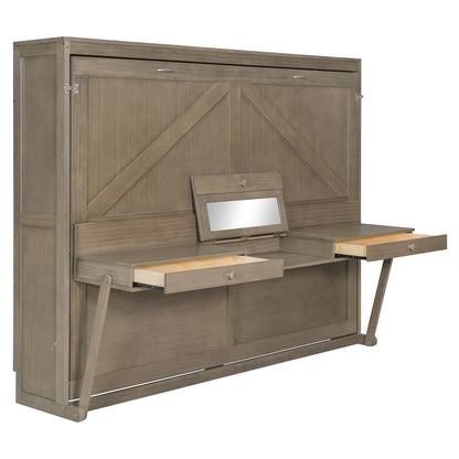 Ball & Cast Murphy Bed Queen W/Built-in Vanity Desk,Murphy Frame Cabinet W/ 2 Side Drawers,Wood Hide Away Wall Bed W/Center Mirror,for Bedroom,Home Office,Home Gym,Distressed Gray