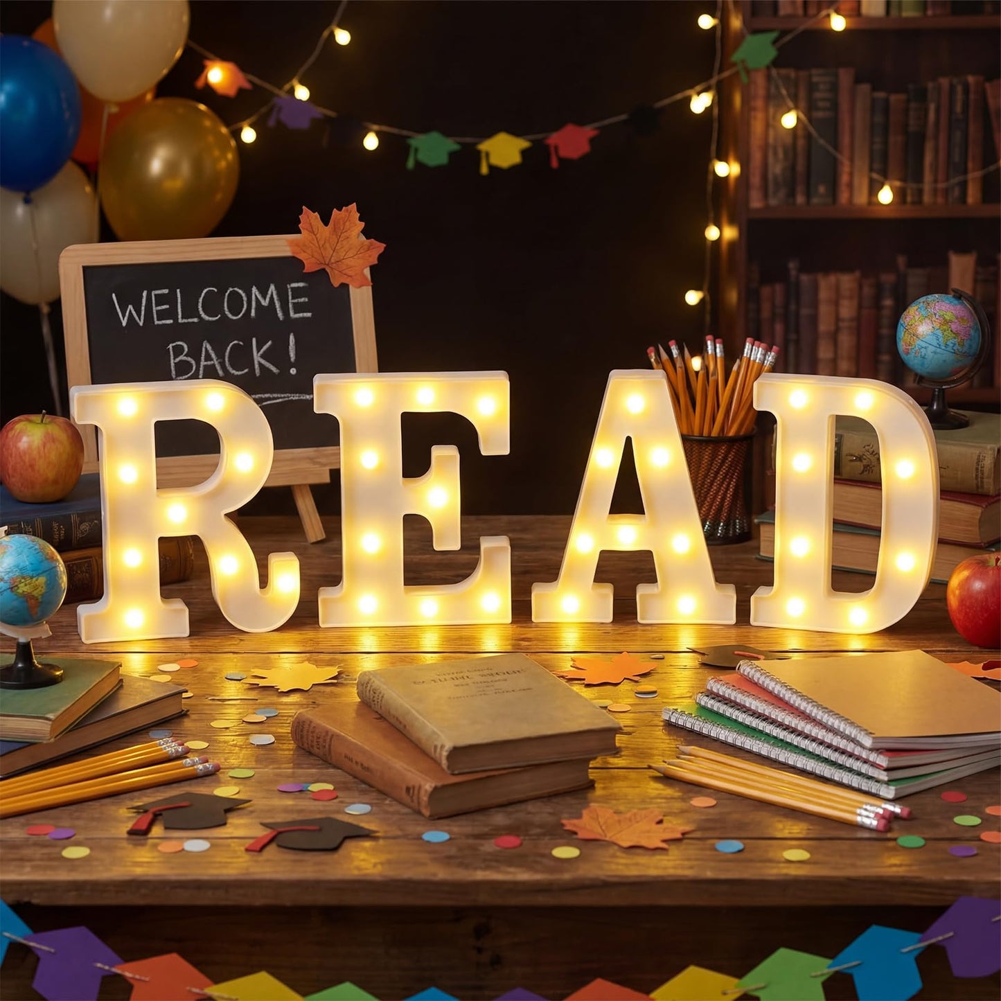 Wettal 4 Pcs Read LED Letter Lights Classroom Reading Corner Decor Read Light up Signs Marquee Light Letters Library Signs Preschool Elementary Reading Classroom Decorations for Wall Shelf Table