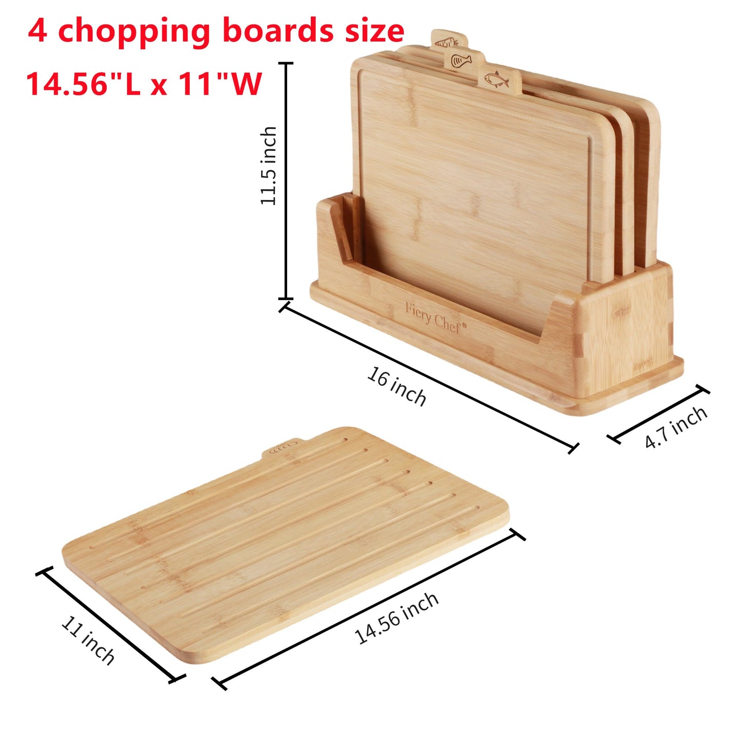 Fiery Chef 14.56"L x 11"W Bamboo Cutting Board Set of 4 - Wood Cutting Board Set with Holder, Chopping Boards Set with Food Icons, Juice Groove - Ideal for Meat, Fish, Bread, Vegetable, Fruit Chopping