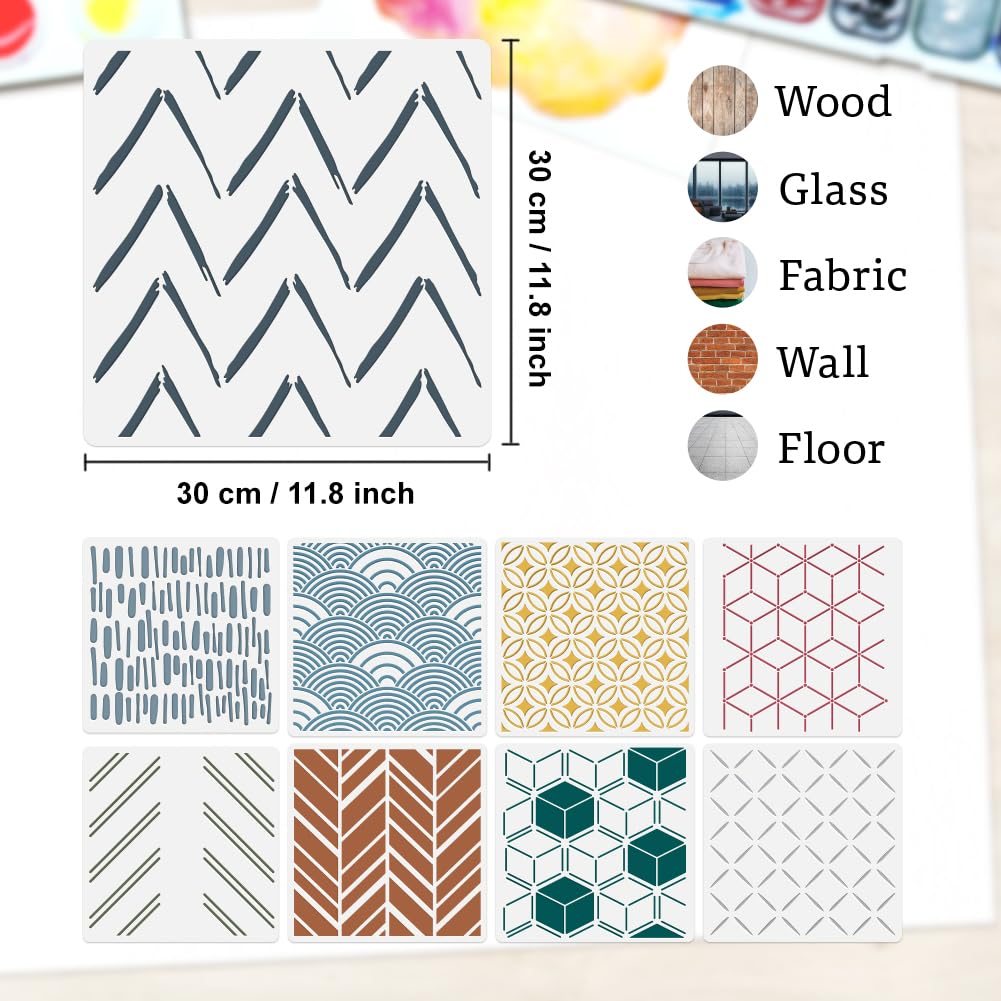9Pcs Modern Geometric Wall Stencil Templates 11.8 x 11.8 Inch Reusable Plastic Simple Style Stencils for Painting on Wood Wall Floor Tile Fabric Glass Furniture, DIY Home Decor or Craft Stencil