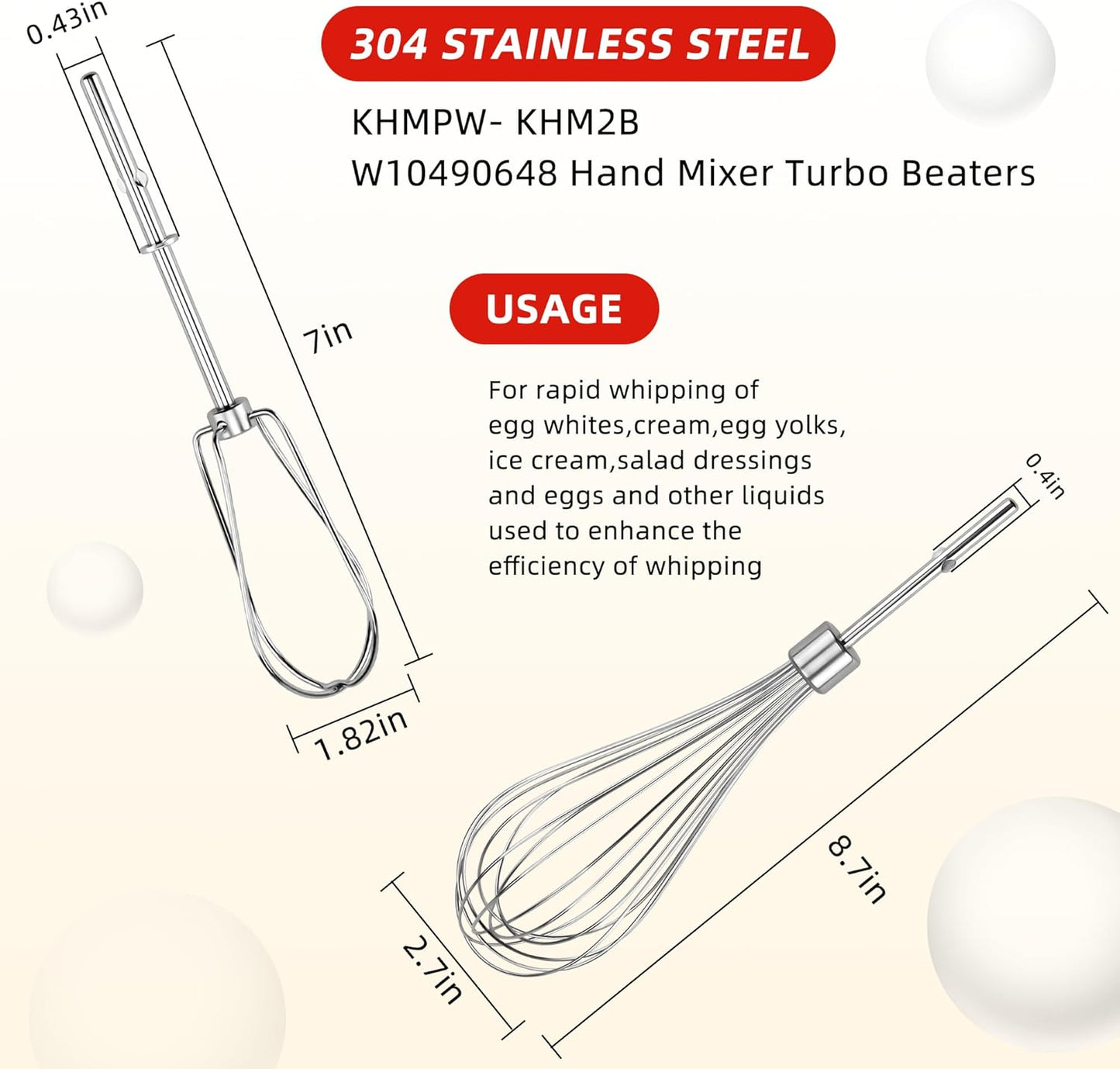 Fetechmate KHM2B Hand Mixer Turbo Beaters (2 Pack) & KHMPW Stainless Steel Pro Whisk (2 Pack) - Replace AP5644233