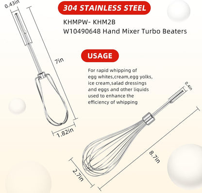 Fetechmate KHM2B Hand Mixer Turbo Beaters (2 Pack) & KHMPW Stainless Steel Pro Whisk (2 Pack) - Replace AP5644233