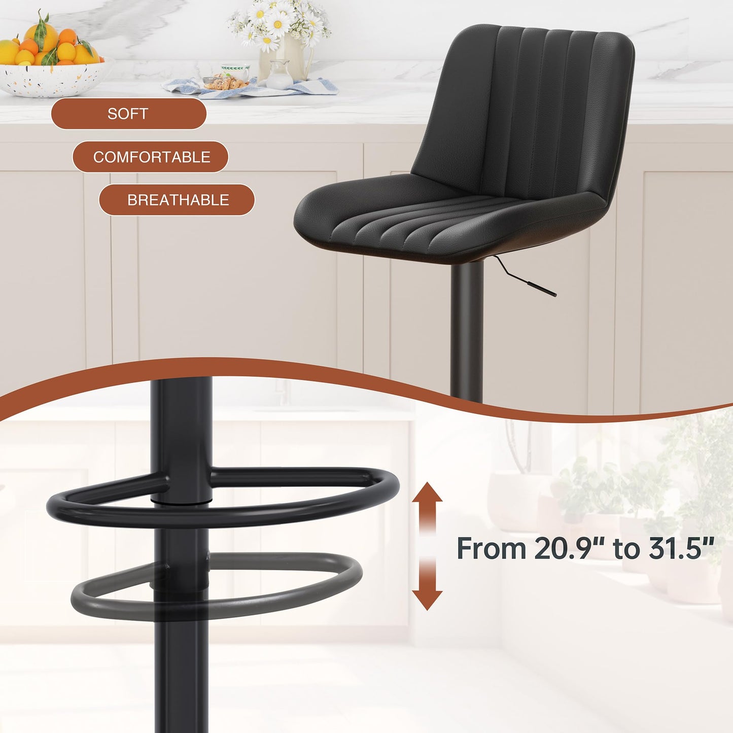 JAMFLY Modern Leather Bar Stools – Swivel & Height-Adjustable Bar Chairs with Footrest, Ergonomic Design for Kitchen Island, Home & Commercial Bar – Set of 6, Black