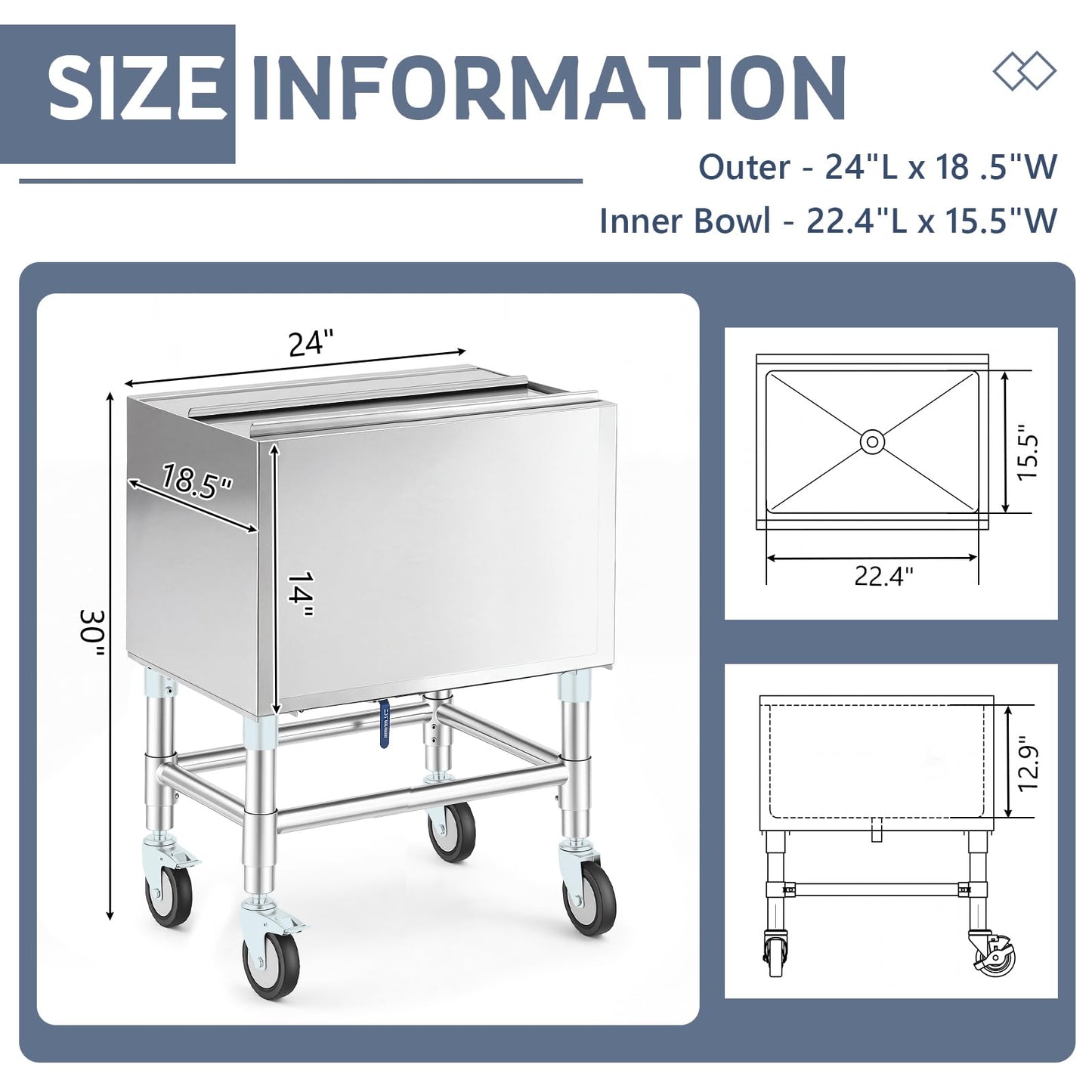 BreezeHug 18.5 x 24 x 30 Inches Commercial Ice Bin with Wheels, Underbar Stainless Steel Ice Chest with Sliding Lid, Cooler Cart Cocktail Unit for Bar Restaurant Pub and Hotels