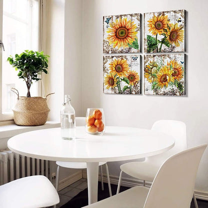 Sunflower Wall Art Bathroom Decor - Rustic Kitchen Yellow Flower Canvas Prints, 12x12" 4Pcs