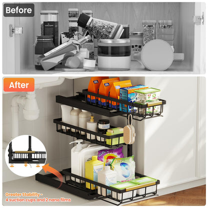 Aekenr Under Sink Organizer and Storage for Bathroom and Kitchen - 2 Pack 3 Tier Under Cabinet Pull Out Shelf Organizers - Slide Out Drawer Organization for Home Cabinets Shelves and Drawers
