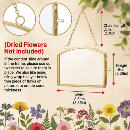 FOCHIER 4 Pcs Double Glass Frame for Pressed Flowers Floating Hanging Photo Frame 3x2 in Brass Clear Pressed Flower Decor with Chain for Display Gallery Artwork, Horizontal Vertical, Gold