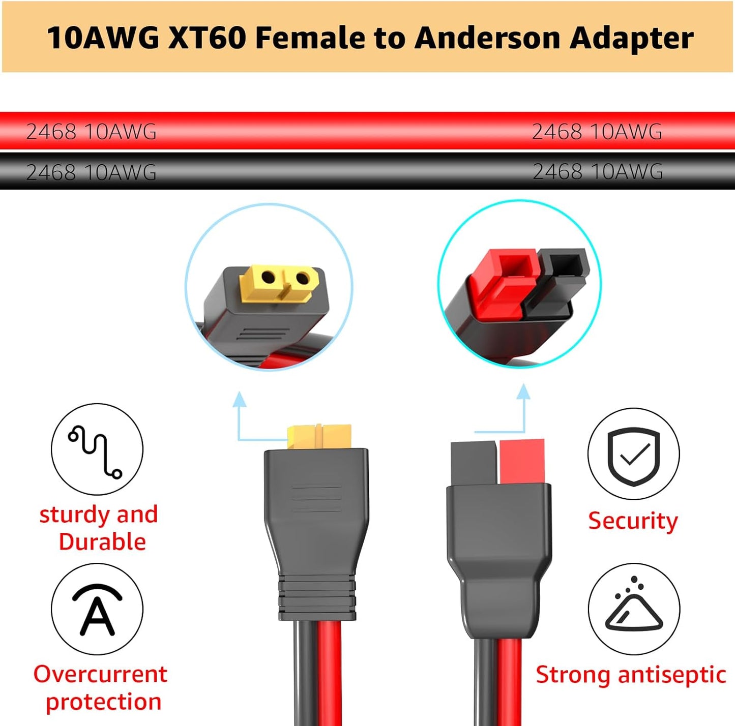 XT60 Female Head to 45A Anderson Connector Adapter, 10AWG Cable for Outdoor Power Banks and Solar Panels (2M/6.6FT)