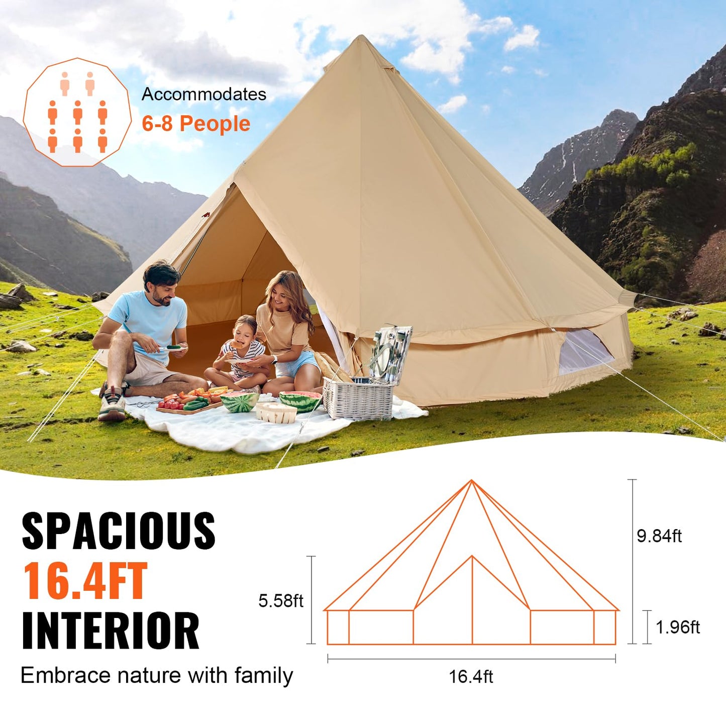 VEVOR Canvas Bell Tent,4 Seasons 5 m/16.4 ft Yurt, for Camping with Stove Jack, Family Camping Outdoor Hunting Party