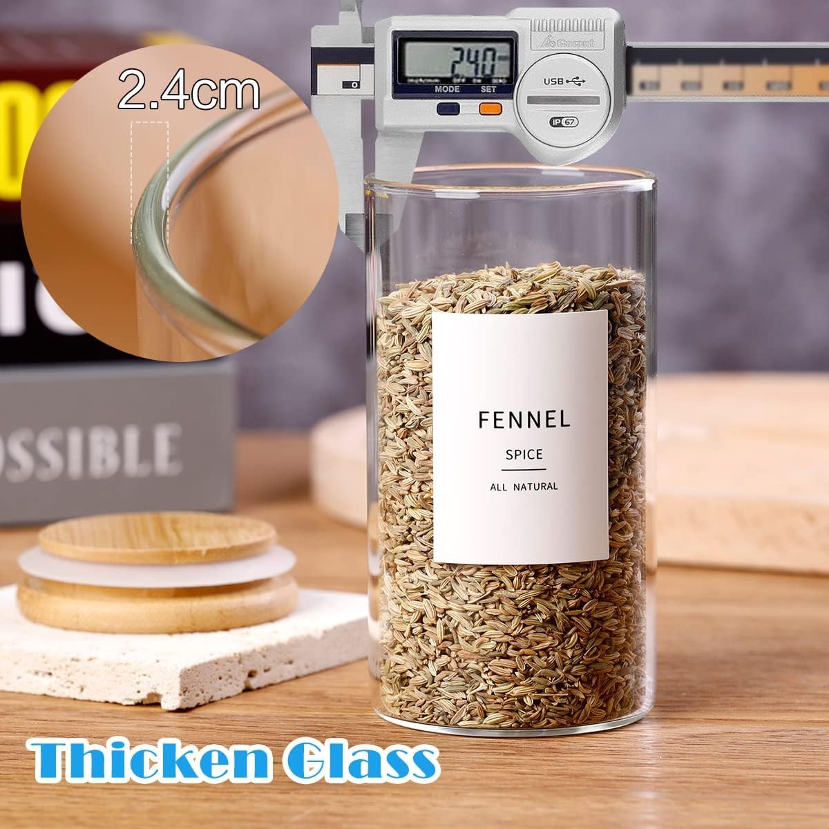 12 8oz Thicken(2.4mm) 148 Pcs Glass Spice Jars With Bamboo Airtight Lids, Spice Containers With Minimalist Preprinted