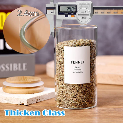 Glass Spice Jars with Bamboo Lids - 20 Pcs Thicken(2.4mm) 4oz Airtight Seasoning Containers with 131 Waterproof Minimalist Spice labels Preprinted - Small herb Jars for Pantry Organization and Storage