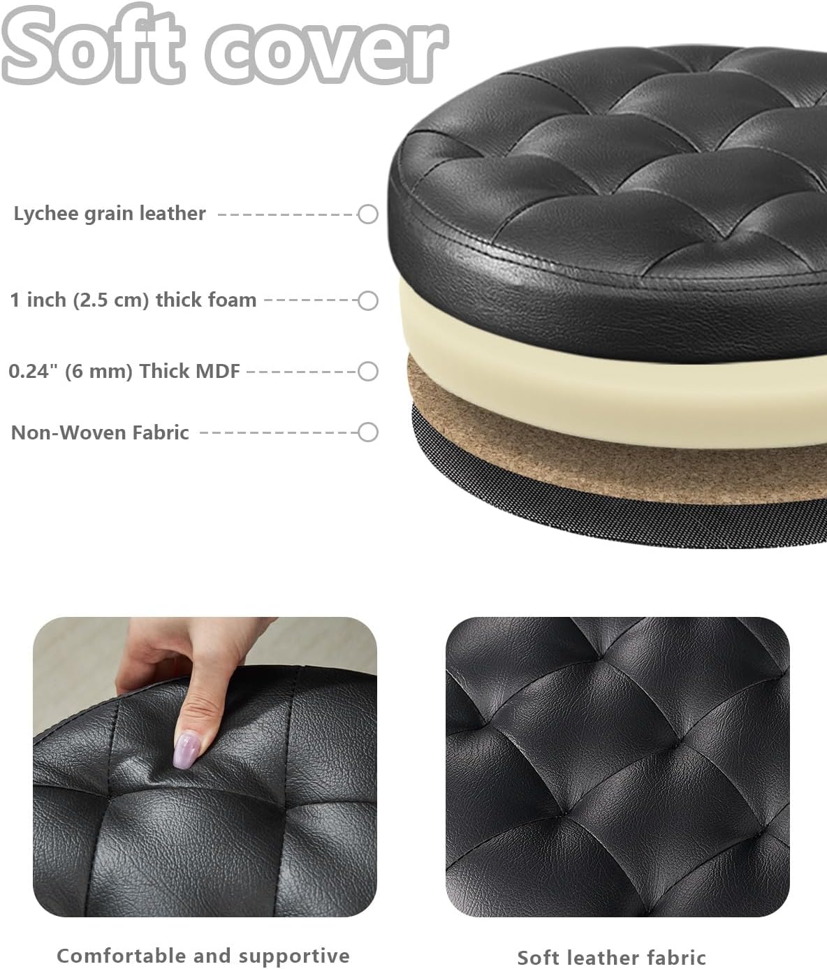 14" 14" 13"Inch, Bsketa Folding Storage Ottoman Round x x Foot Stool with Thicker Foam Padded Seat Small Leather
