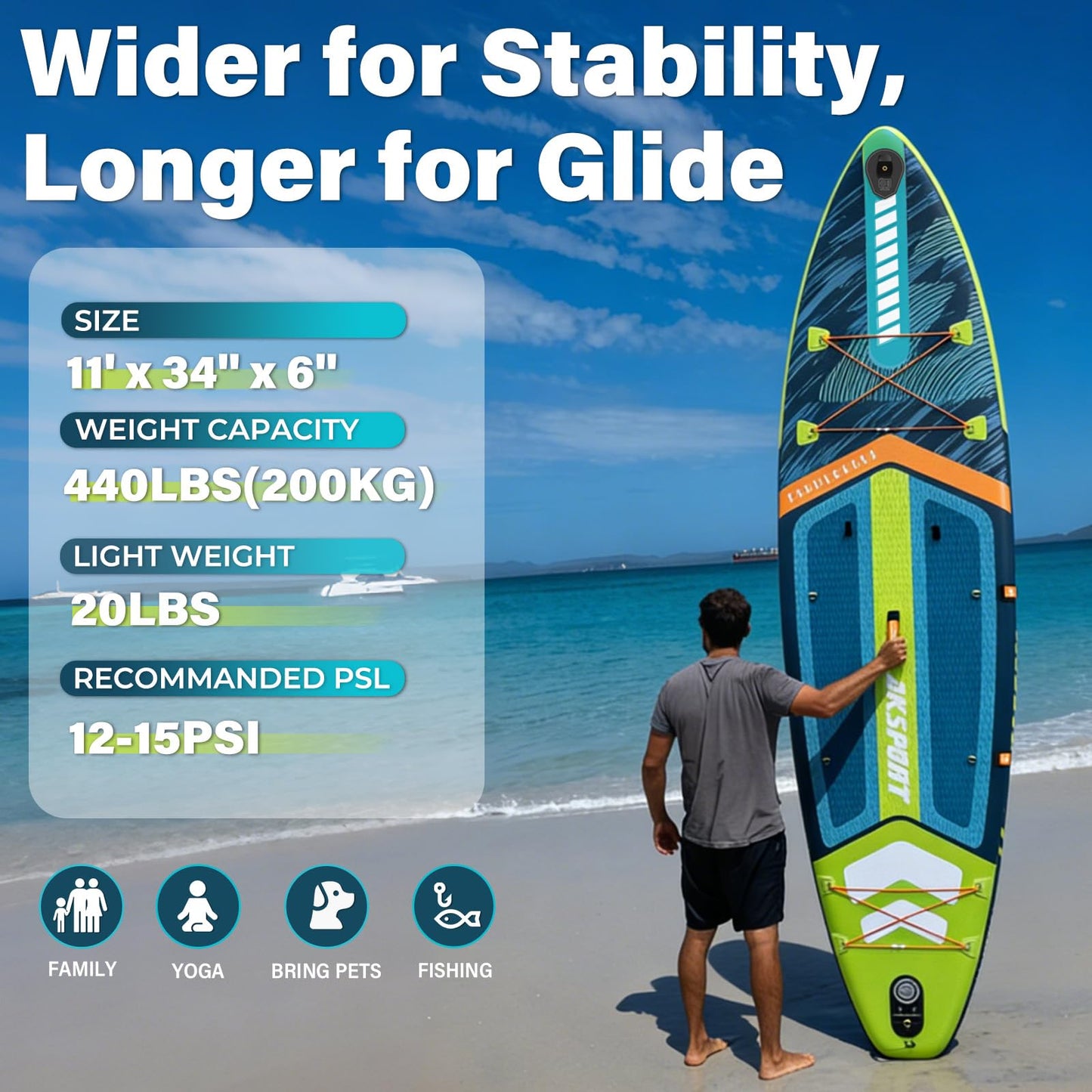 AKSPORT 11' Inflatable Stand-Up Paddle Board with Upgraded SUP Accessories Kit | Extra Wide 34" Design | Non-Slip Deck | Premium SUP Board for Adults & Youth of All Levels