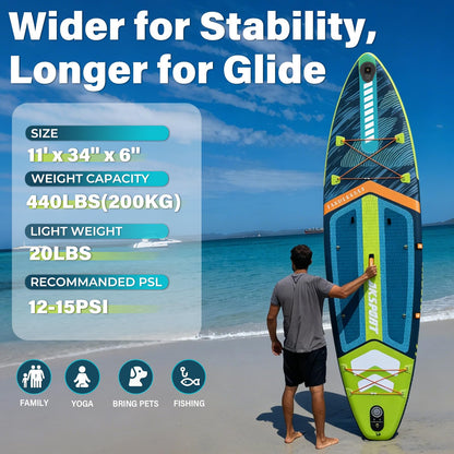 AKSPORT 11' Inflatable Stand-Up Paddle Board with Upgraded SUP Accessories Kit | Extra Wide 34" Design | Non-Slip Deck | Premium SUP Board for Adults & Youth of All Levels