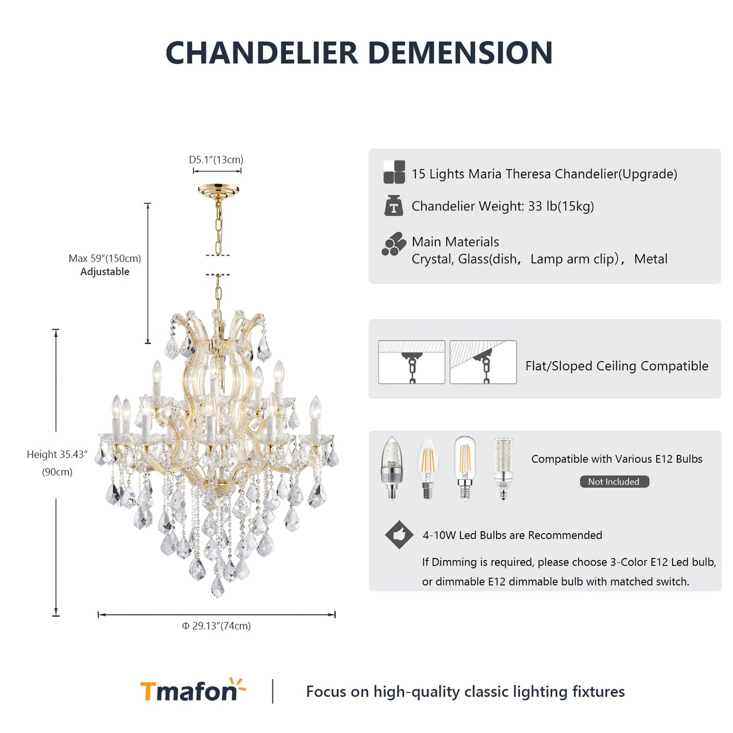 TMAFON Modern Gold Chandelier Light Fixture - Large Maria Theresa Crystal Chandeliers for Dining Room, Kitchen Island, Living Room, Bedroom, 15 Lights, 2 Layers
