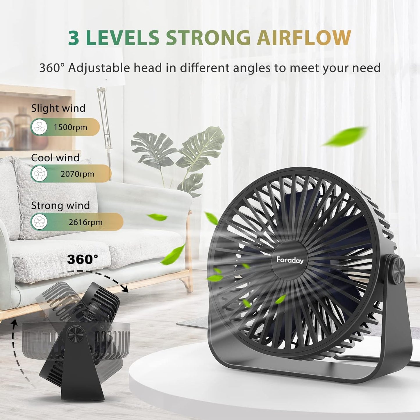 FARADAY USB Desk Fans, 5 Inches Portable Table Fans with 360° Head Rotation for Home Office, 3 Speeds, Black