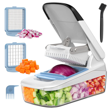 MR.SIGA Vegetable Chopper with Container, 2 in 1 Manual Hand Food Chopper with 2 Stainless Steel Chopping Blades for Potato Strips, Onion Cubers, Carrot Sticks, White & Black