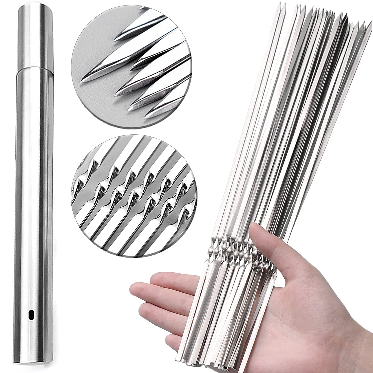 CenterZ 30 Pack Kebab Skewers, 15" Long Flat Stainless Steel BBQ Shish Kabob Skewers with Portable Metal Storage Tube, Reusable Meat Sticks Set for Grilling, Marshmallow, Vegetable, Shiskabob Barbecue